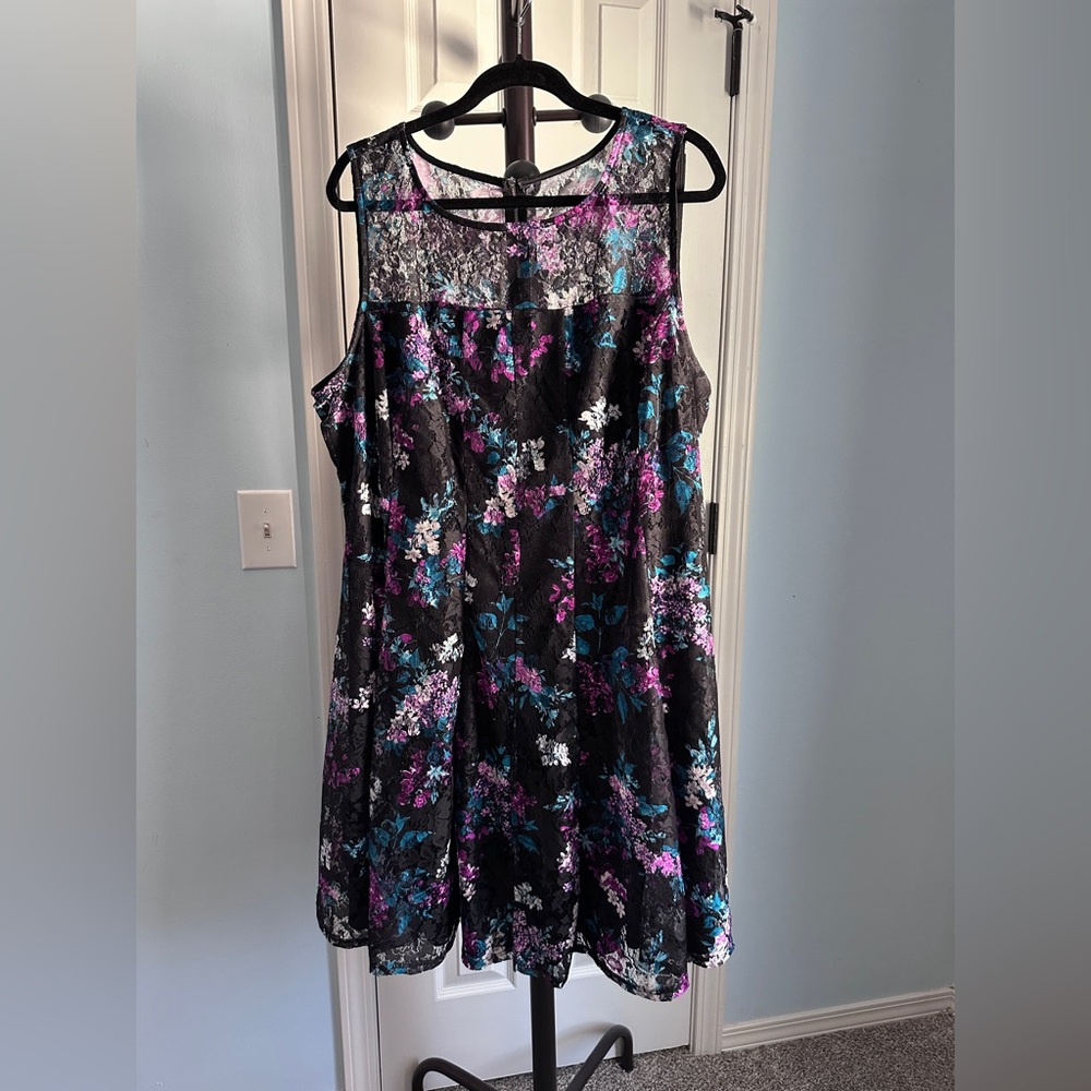 Lane Bryant Dress, Black with Purple and Teal flowers, lace overlay, Size 22/24